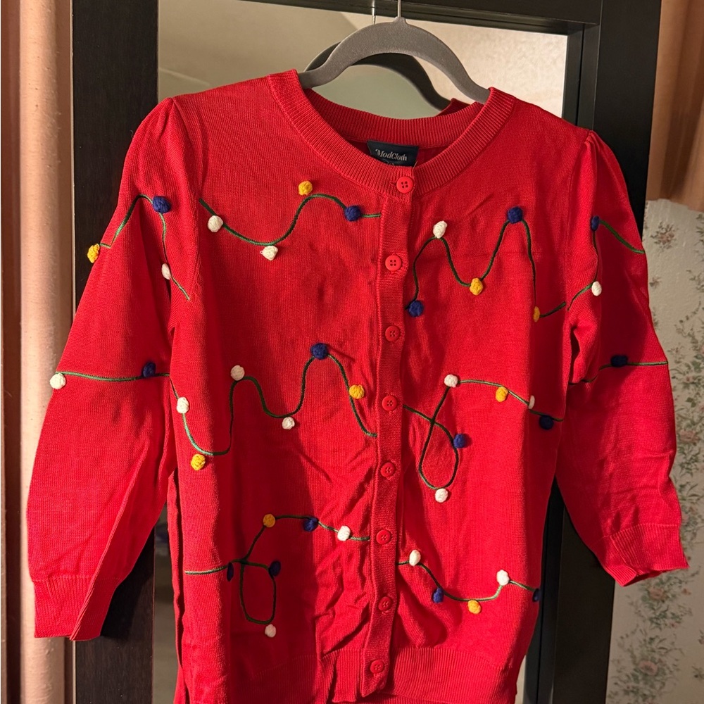 Vibrant ModCloth Red Cardigan with Colorful Embroidery